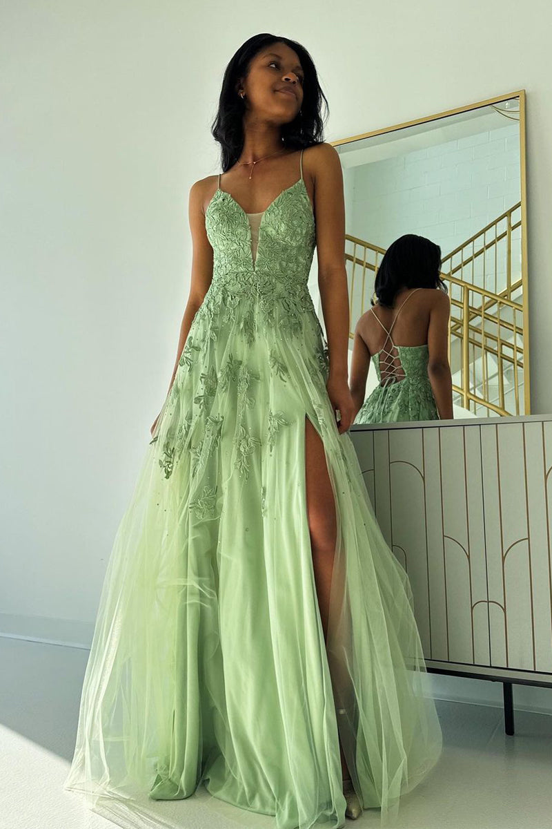 Vestidos de fiesta largos de tul con escote en V y apliques en color verde salvia