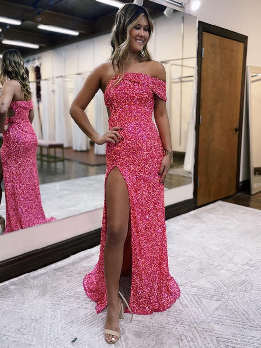Vestido de fiesta largo rosa con abertura y un hombro, corte sirena y purpurina
