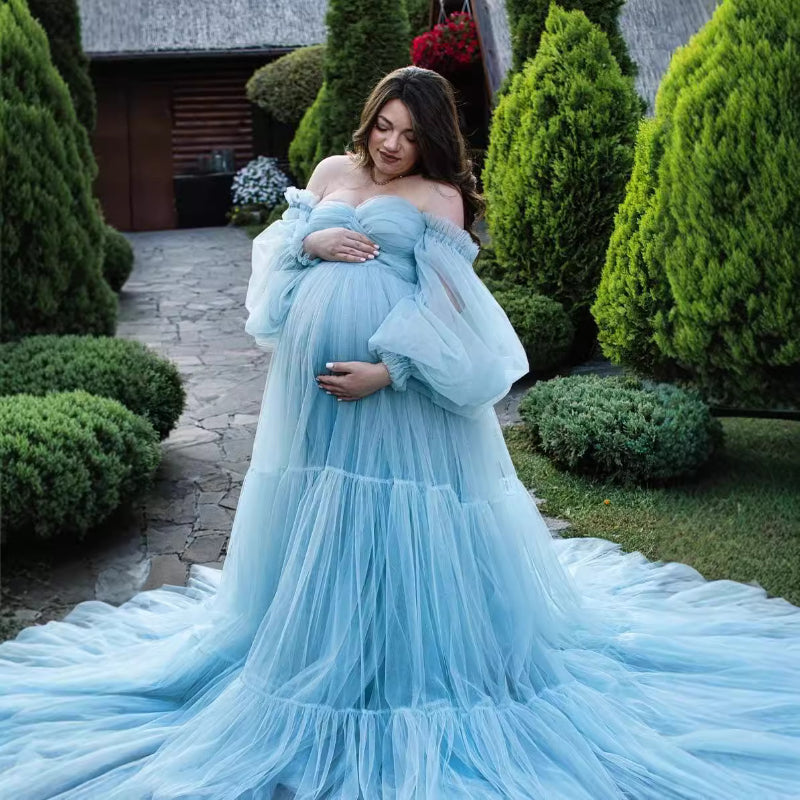 6138#Gauze skirt, big belly, photo dress, large size fluffy stitching, maternity evening dress, big skirt with sleeves dress
