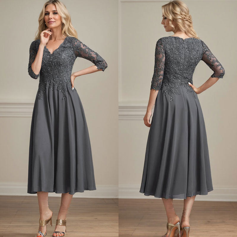 A-Linie, V-Ausschnitt, knielang, Chiffon, Spitze, Kleid für die Brautmutter mit Perlen und Pailletten