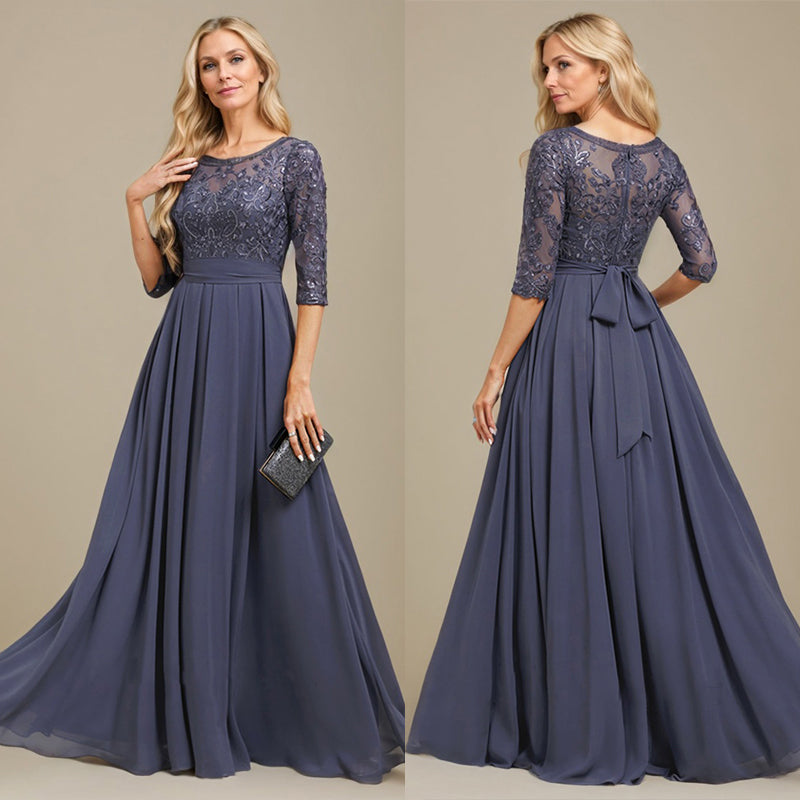 Vestido de madre de la novia de gasa con encaje, corte A, largo hasta el suelo y apliques de lentejuelas
