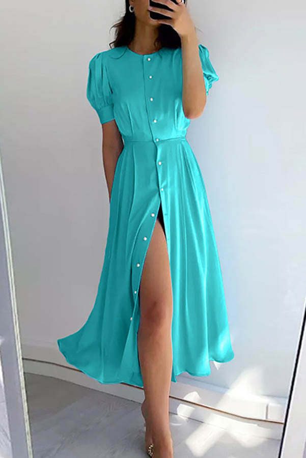 Schickes und klassisches Midikleid mit Puffärmeln, Perlenknöpfen und Schlitz