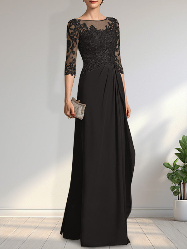 Vestido de madre de la novia de gasa con encaje, corte A, ilusión, largo hasta el suelo, con lentejuelas y abalorios y volantes en cascada