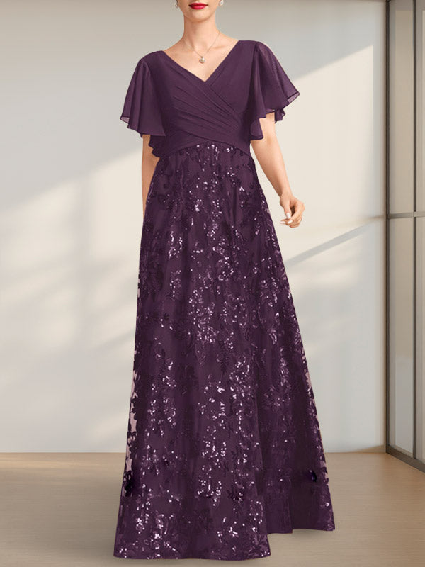 A-Linie V-Ausschnitt Bodenlang Spitze Pailletten Chiffon Mutter der Braut Kleid Mit Plissee