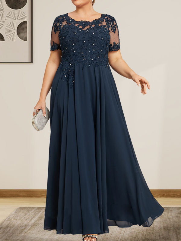 Vestido de gasa con encaje y lentejuelas para madre de la novia, largo hasta el suelo, con escote en A y ilusión