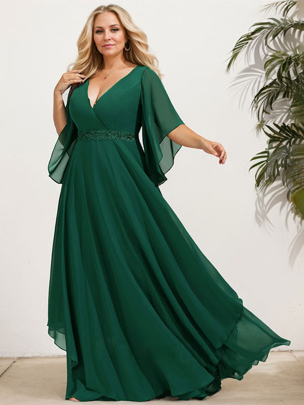 A-Linie V-Ausschnitt Bodenlang Chiffon Kleid für die Brautmutter mit Pailletten Applikationen Spitze Perlen