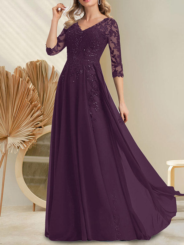 A-Linie V-Ausschnitt Bodenlanges Spitzen-Chiffon-Kleid für die Brautmutter mit Pailletten