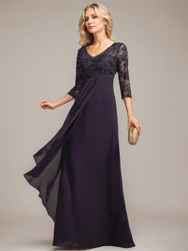 A-Linie, V-Ausschnitt, bodenlanges Chiffon-Kleid für die Brautmutter mit kaskadierenden Rüschen und Pailletten