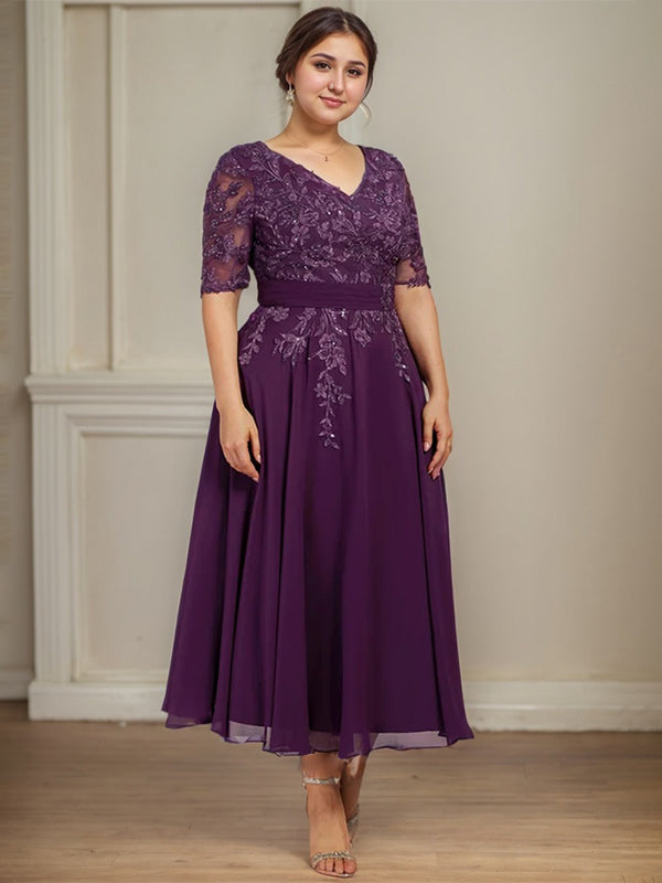 A-Linie V-Ausschnitt Wadenlanges Spitzen-Chiffon-Kleid für die Brautmutter mit Pailletten
