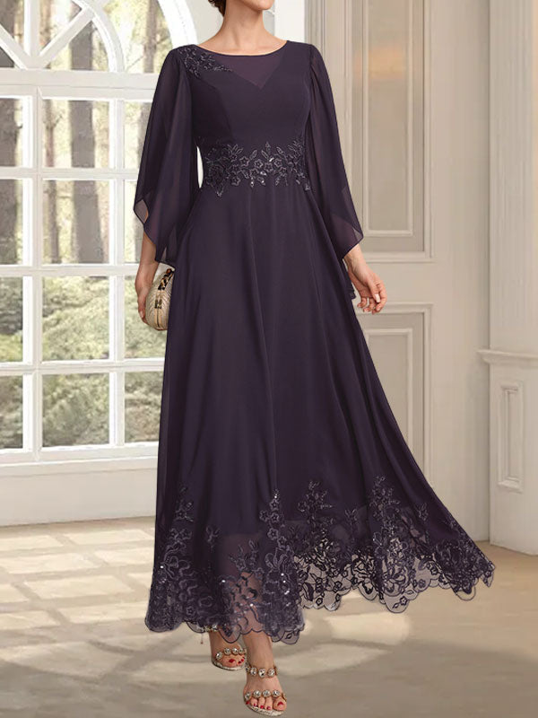 Vestido de gasa con encaje y lentejuelas para madre de la novia, corte A, escote ilusión, largo hasta los tobillos