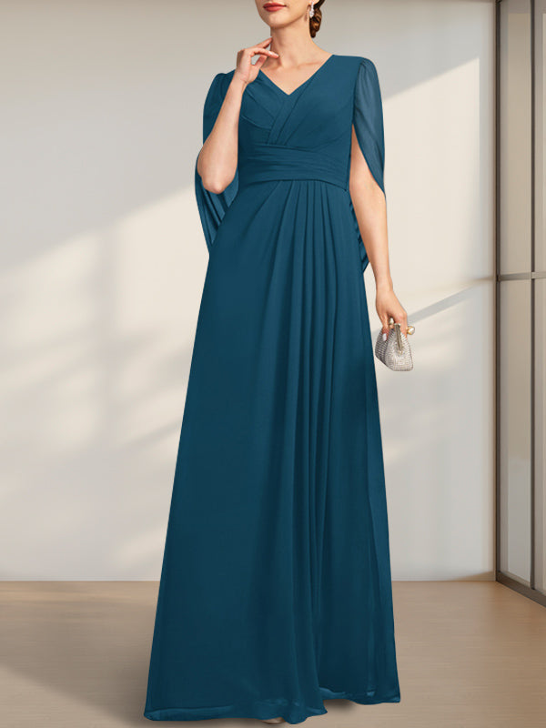 A-Linie V-Ausschnitt Bodenlang Chiffon Kleid für die Brautmutter mit Plissee