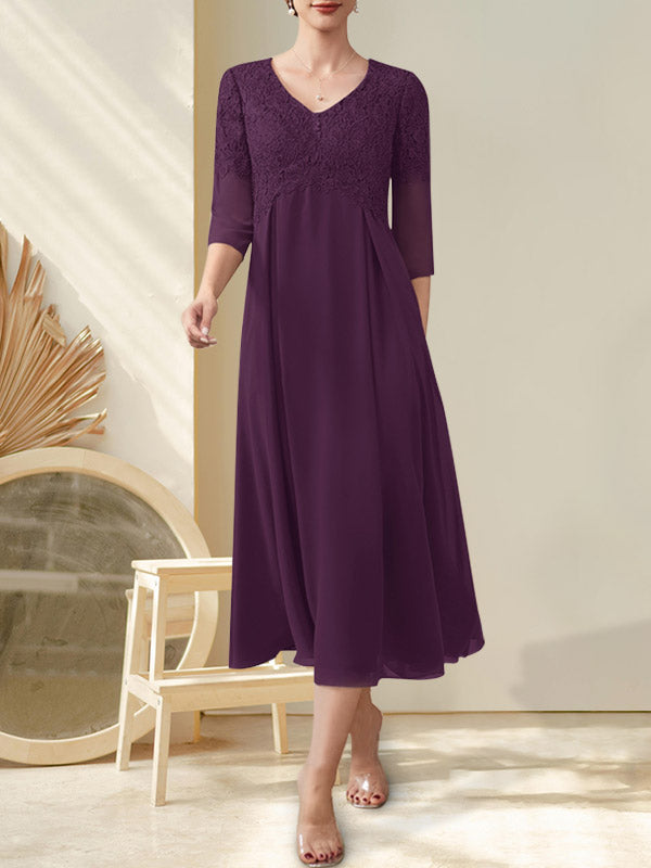 A-Linie V-Ausschnitt Wadenlang Chiffon Spitze Kleid für die Brautmutter mit Perlenbesatz