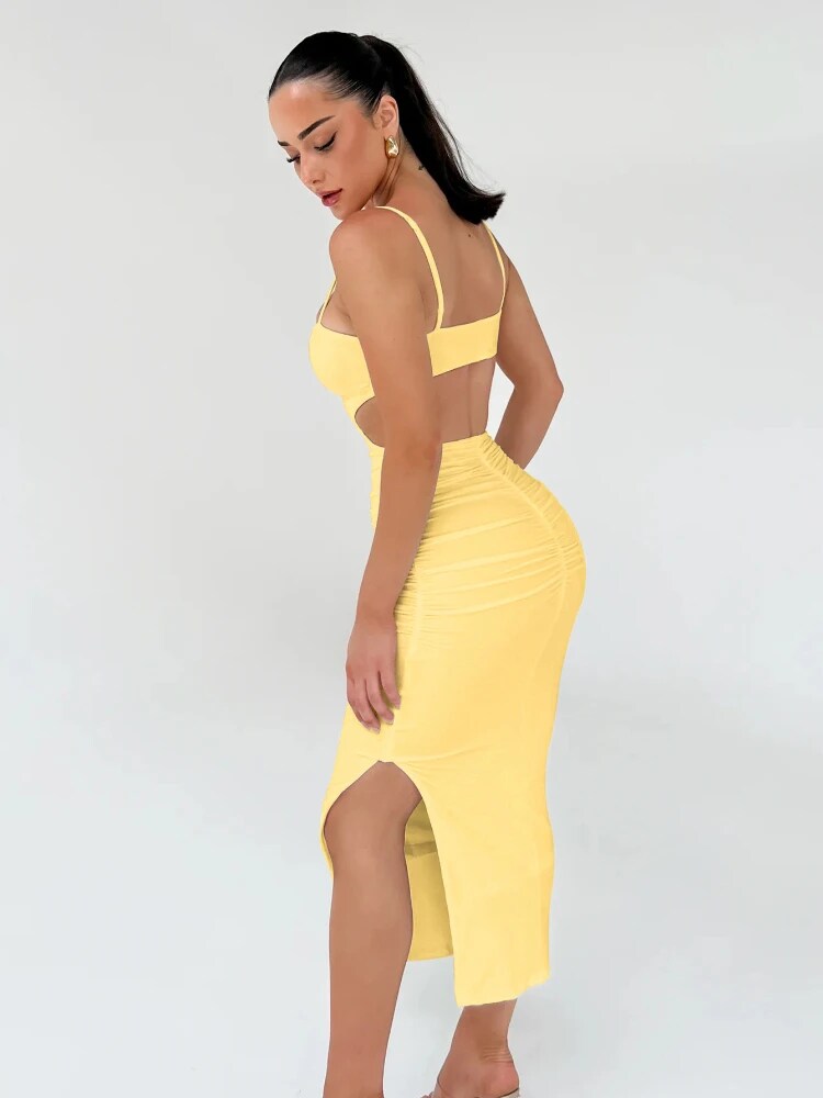 Tossy Damen Rückenfreies Cut-Out Bodycon Maxikleid Mode Ärmellos Spaghettiträger Geraffter Seitenschlitz Saum Abendkleid Weiblich