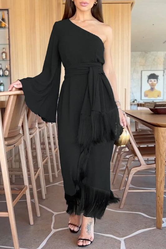 Vestidos de noche elegantes de celebridades con borlas sólidas, volantes y cuello oblicuo.