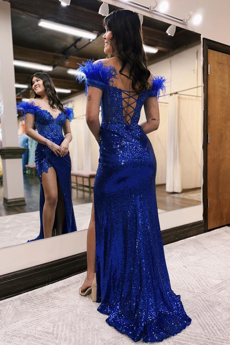 Vestido de fiesta de sirena con hombros descubiertos, encaje y lentejuelas