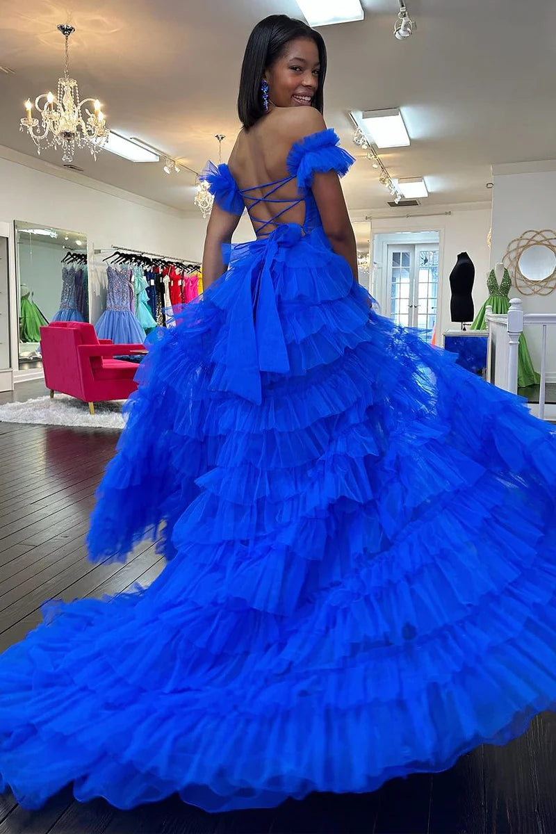 Vestidos de fiesta largos de tul con volantes y hombros descubiertos con abertura