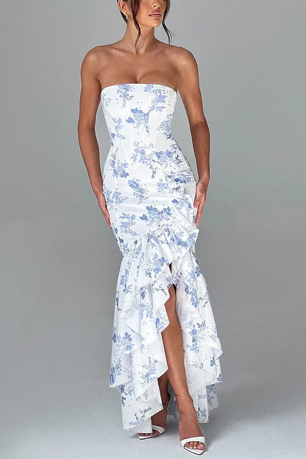 Sexy schulterfreies, schmal geschnittenes Maxikleid mit unregelmäßigem Saum
