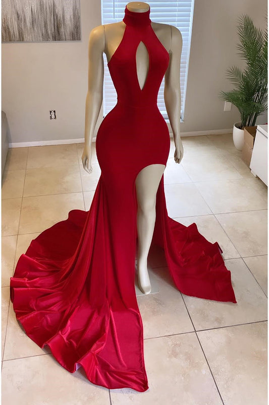 Halter Front Split Mermaid High-Neck Floor Length Prom Gown