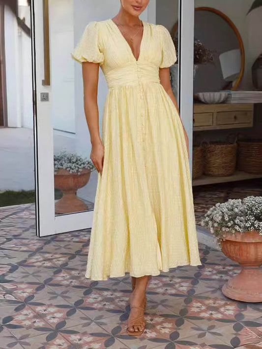 Vestido largo con escote en V y mangas abullonadas y dobladillo extragrande