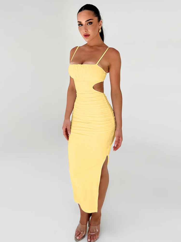 Tossy Damen Rückenfreies Cut-Out Bodycon Maxikleid Mode Ärmellos Spaghettiträger Geraffter Seitenschlitz Saum Abendkleid Weiblich