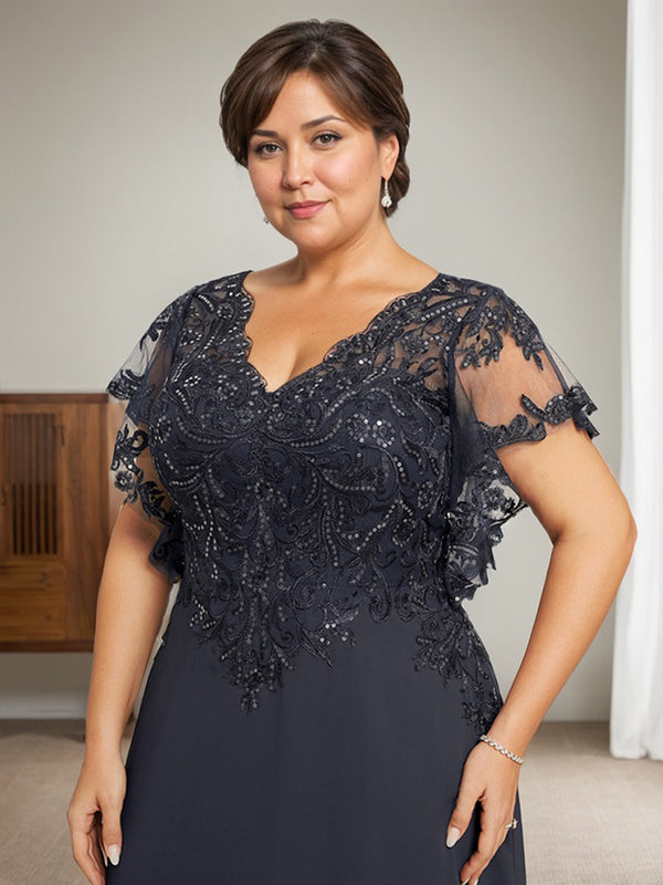 A-Linie V-Ausschnitt Bodenlanges Spitzen-Chiffon-Kleid für die Brautmutter mit Pailletten