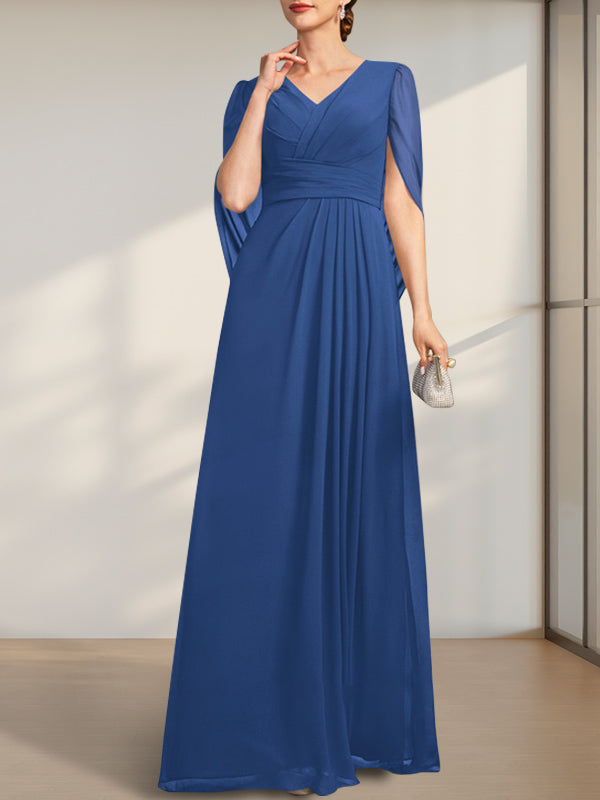 A-Linie V-Ausschnitt Bodenlang Chiffon Kleid für die Brautmutter mit Plissee