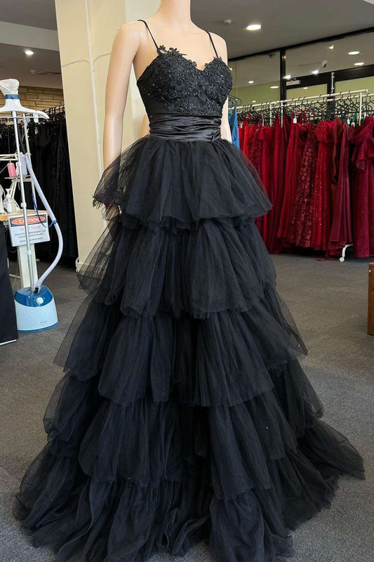 Vestido de fiesta largo Roycebridal con tirantes negros en varios niveles y corte A