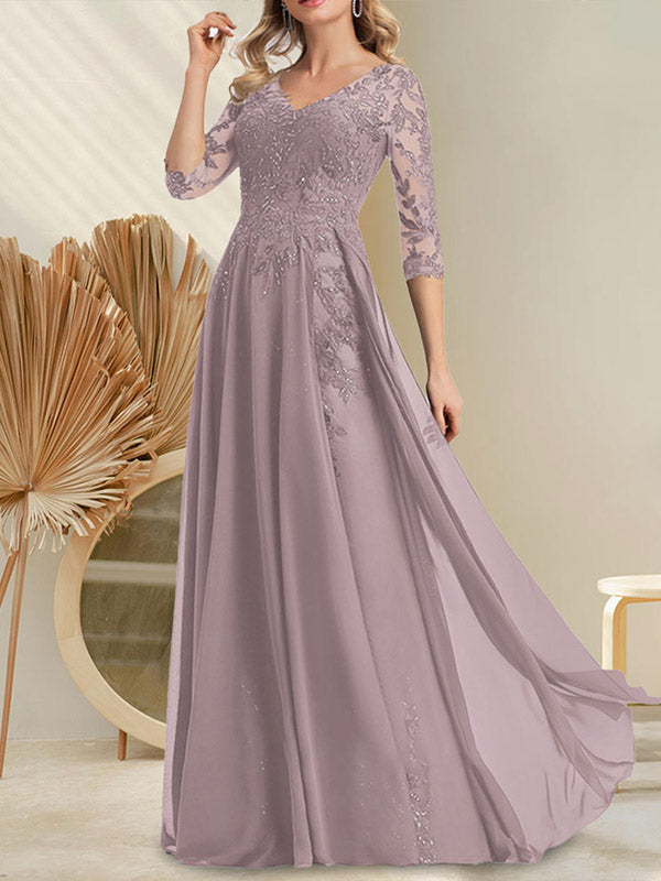 A-Linie V-Ausschnitt Bodenlanges Spitzen-Chiffon-Kleid für die Brautmutter mit Pailletten