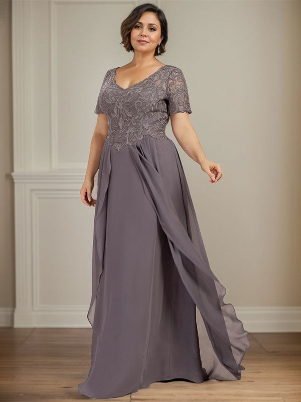 A-Linie V-Ausschnitt Bodenlanges Chiffon-Spitzenkleid für die Brautmutter