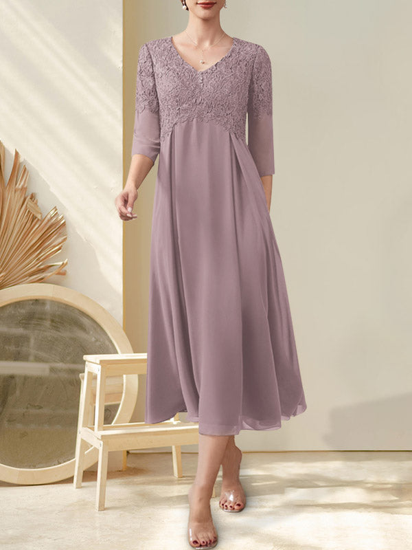 A-Linie V-Ausschnitt Wadenlang Chiffon Spitze Kleid für die Brautmutter mit Perlenbesatz