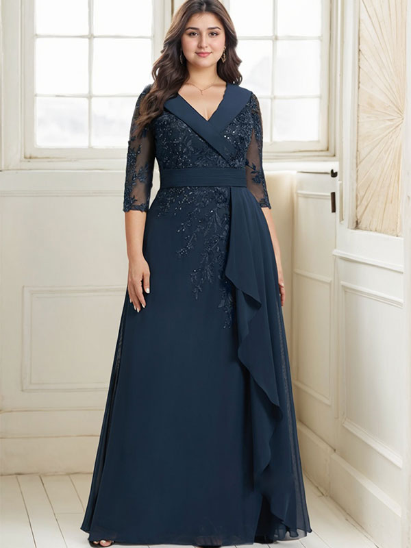 Vestido de madre de la novia de gasa con encaje, escote en V, corte A y largo hasta el suelo, con lentejuelas y volantes en cascada