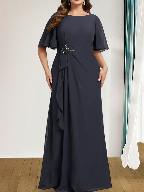 Vestido de gasa para madre de la novia, corte A, escote redondo, largo hasta el suelo, con volantes en cascada, cuentas y lentejuelas