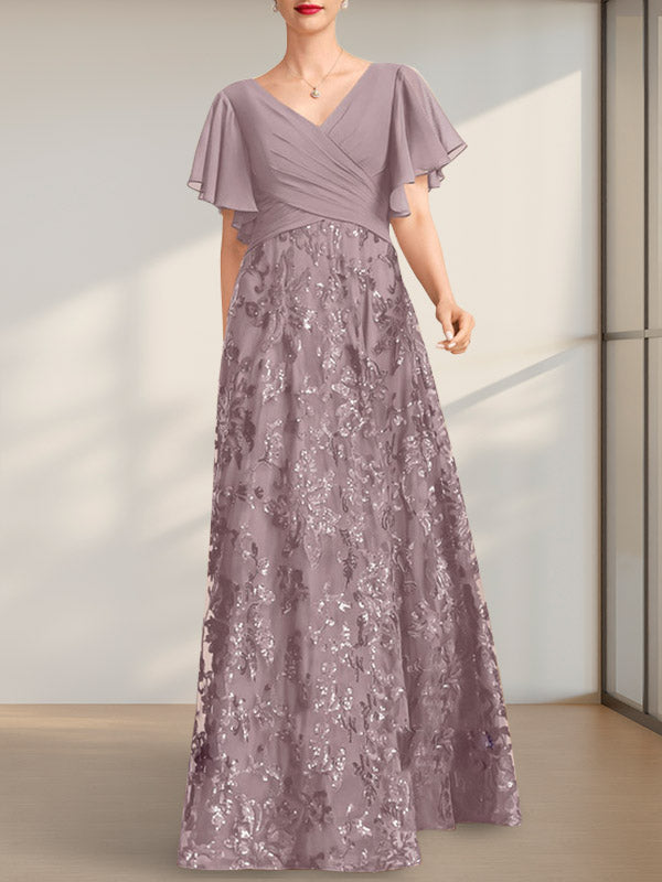 A-Linie V-Ausschnitt Bodenlang Spitze Pailletten Chiffon Mutter der Braut Kleid Mit Plissee