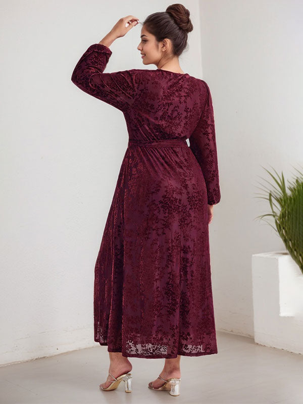 A-Linie V-Ausschnitt Lange Ärmel Samt Wadenlanges Kleid für die Brautmutter mit Schlitz