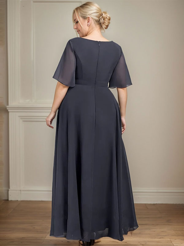 A-Linien-Kleid aus Chiffon mit V-Ausschnitt und Knöchellänge für die Brautmutter mit plissierten Perlen und Pailletten