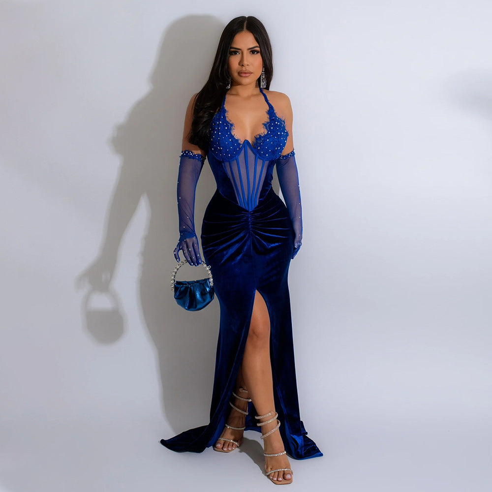 Lace up Halterneck High Slit Solid Color Rhinestone Dress Sexy Evening Dress with Mesh Oversleeve