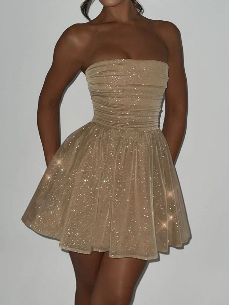TARUXY Vestido de noche con lentejuelas brillantes para mujer, minivestido ajustado con volantes y hombros descubiertos, vestido de fiesta con lazo y espalda descubierta sexy para mujer