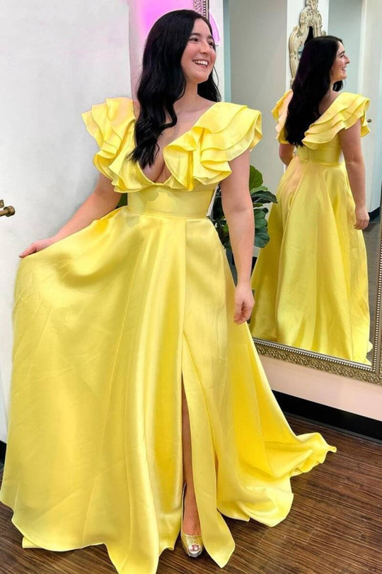 Vestido de fiesta largo de corte A con volantes y escote en V en rosa intenso