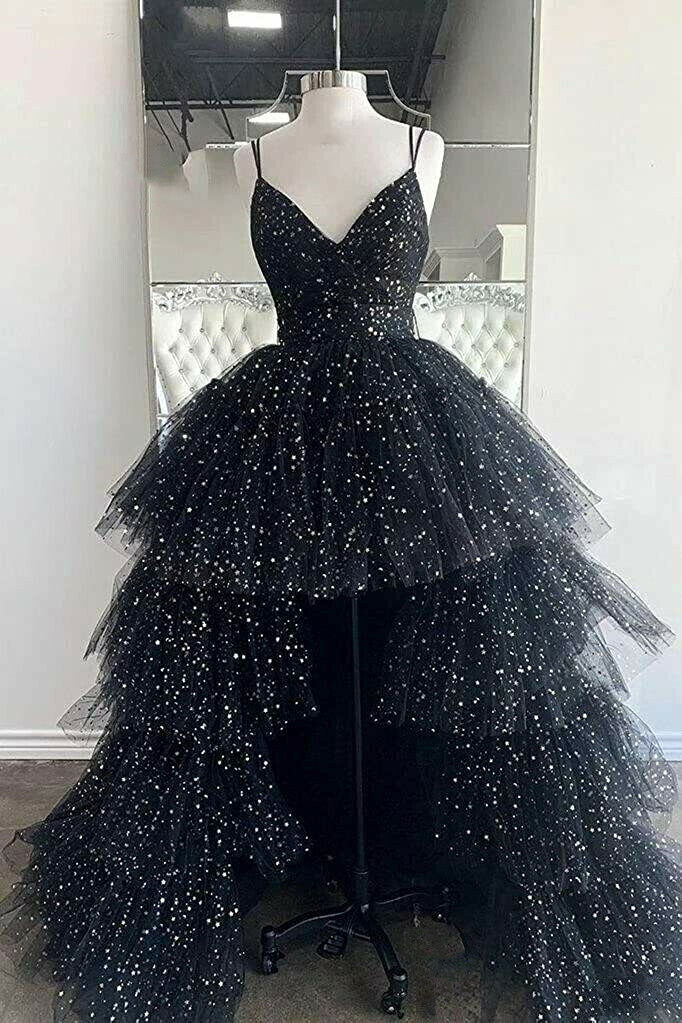 Roycebridal Nathalia | Vestido de fiesta de tul con corte A, tirantes finos y capas, corte asimétrico