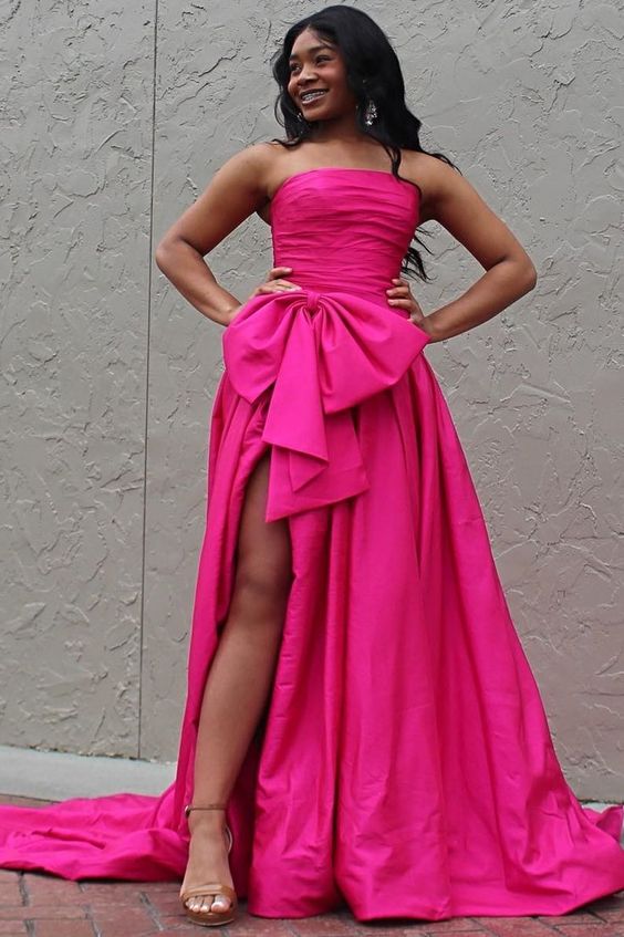 A-line Strapless Taffeta Long Prom Dress With Slit
