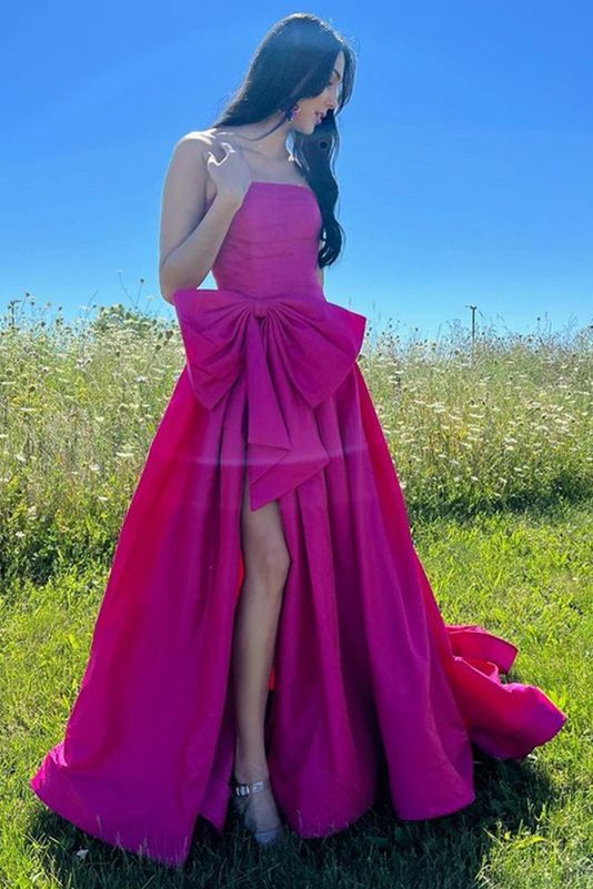 A-line Strapless Taffeta Long Prom Dress With Slit