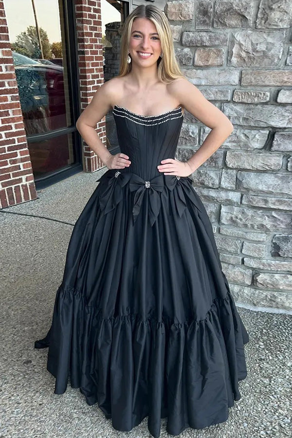 A-Line Beaded Strapless Corset Black Prom Dress with Bows