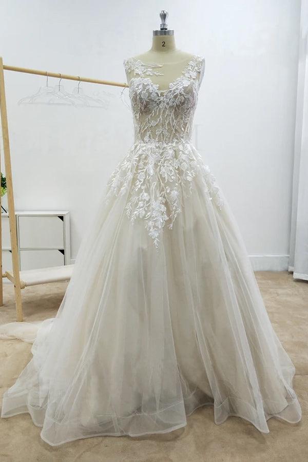A-Linie Blumenapplikationen Strand Brautkleider Rückenfreies Brautkleid