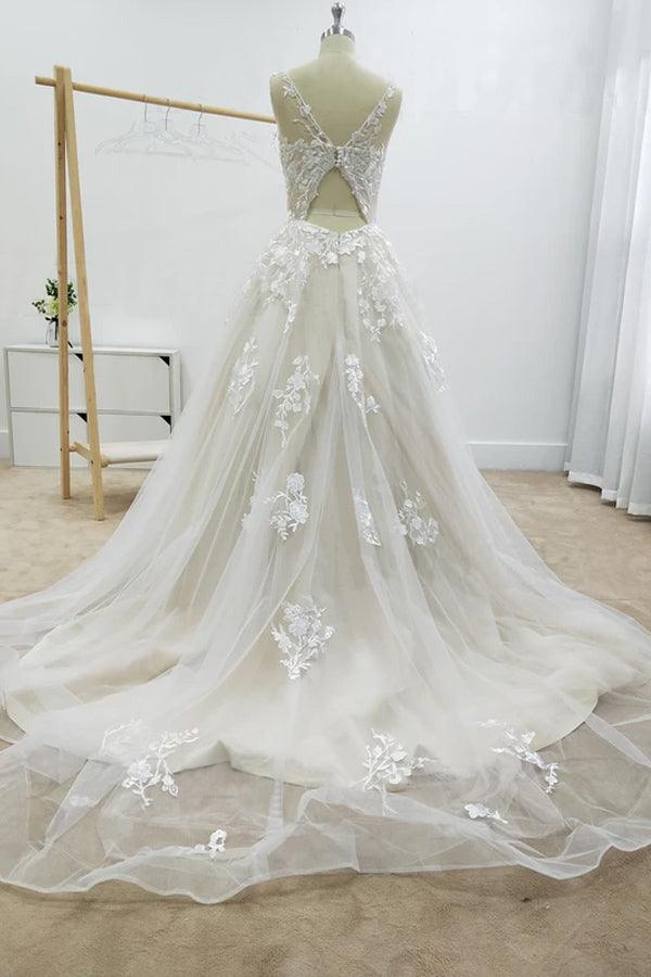 A-Linie Blumenapplikationen Strand Brautkleider Rückenfreies Brautkleid