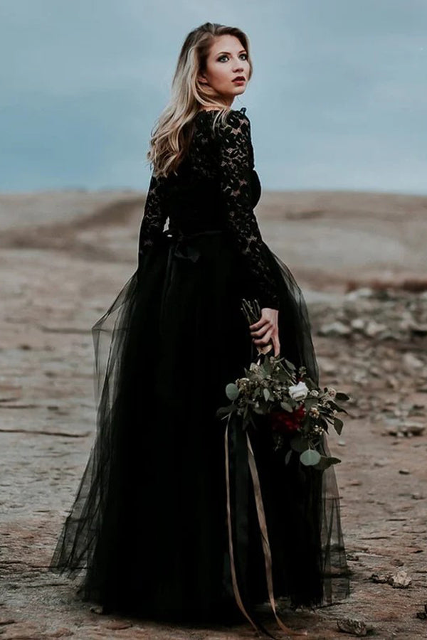 A-Line Lace Appliqued Black Wedding Dress Boho Bridal Gown