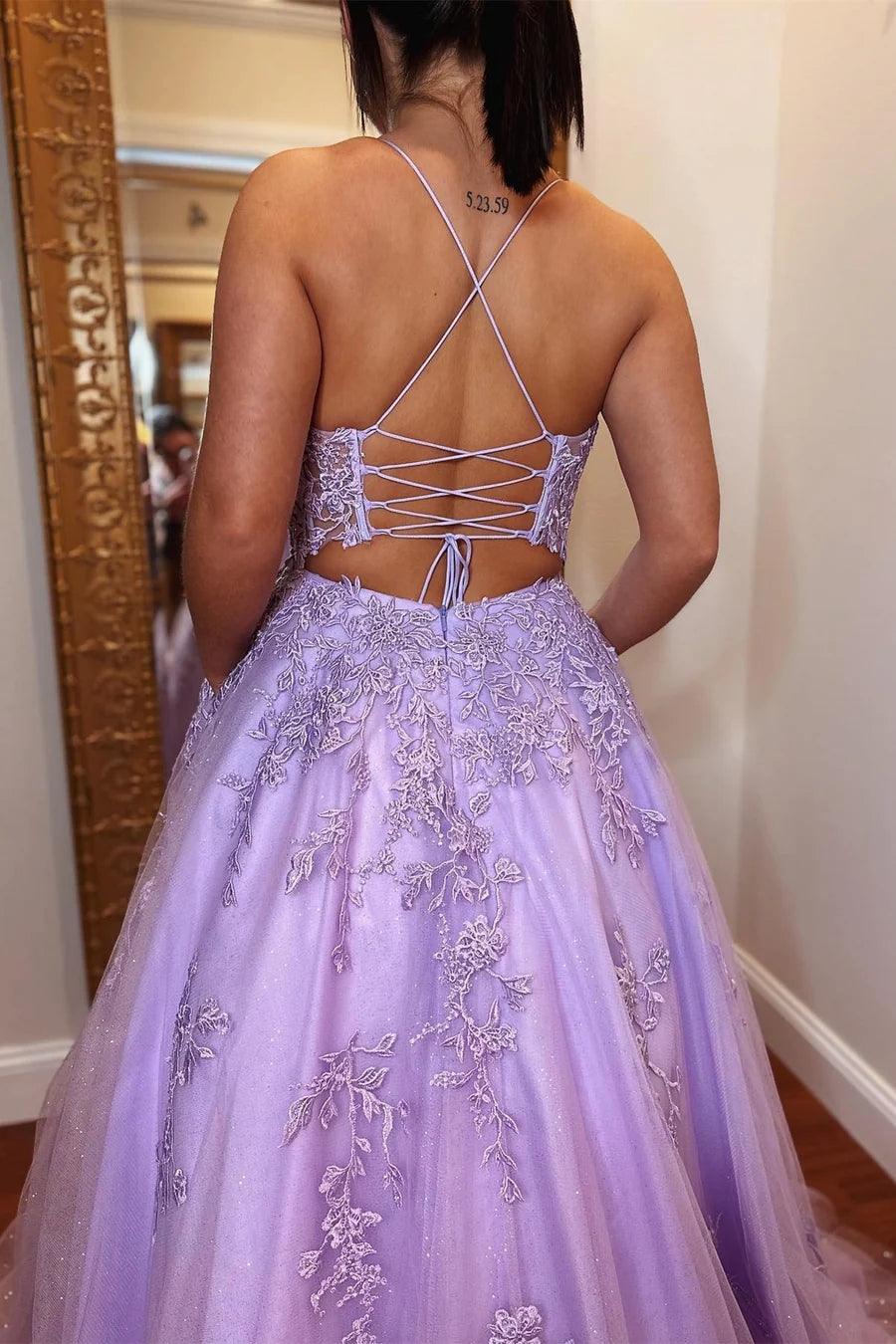 Vestido de noche de fiesta con apliques de tul lavanda, corte A y espalda con cordones