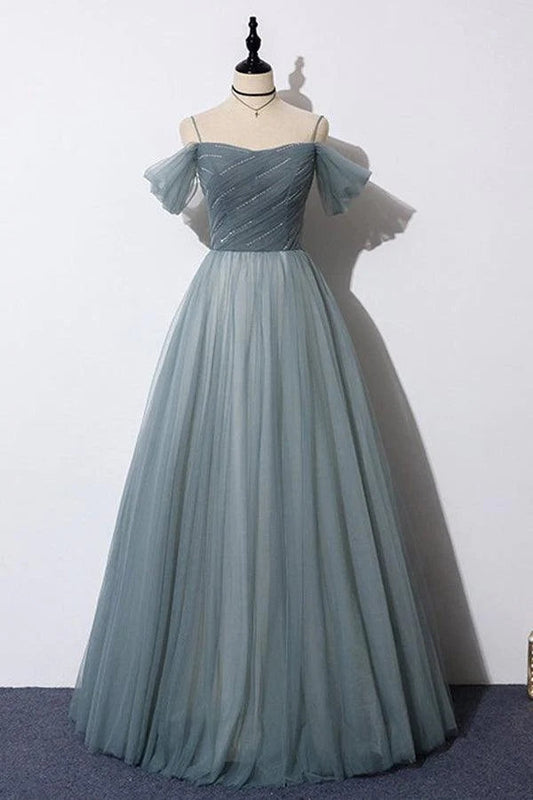 Vestido de fiesta de tul gris con hombros descubiertos y corte A para noche