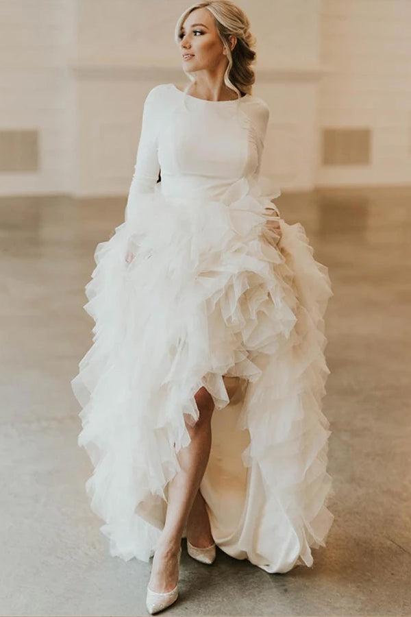 Vestido de novia de tul con escote redondo, cola de corte A y mangas largas