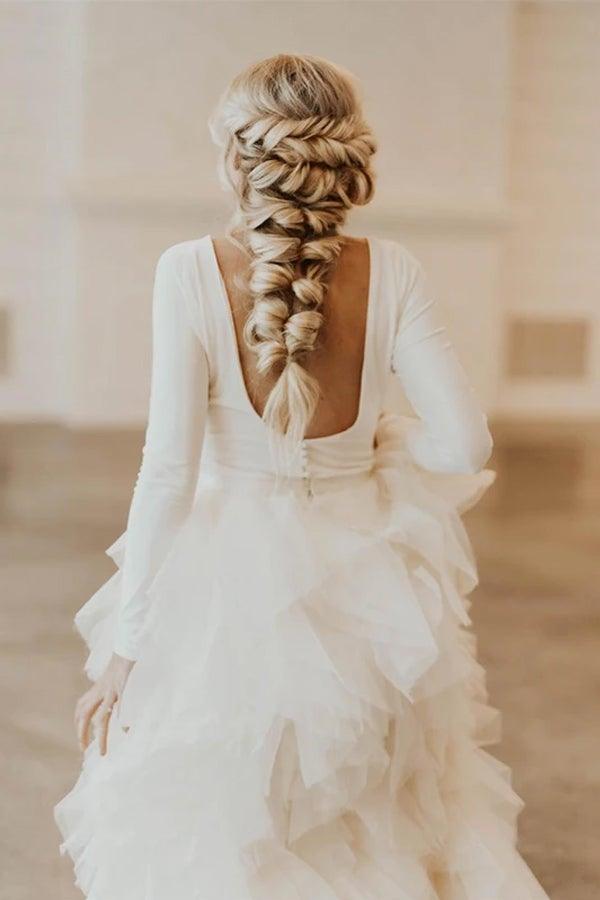 Vestido de novia de tul con escote redondo, cola de corte A y mangas largas