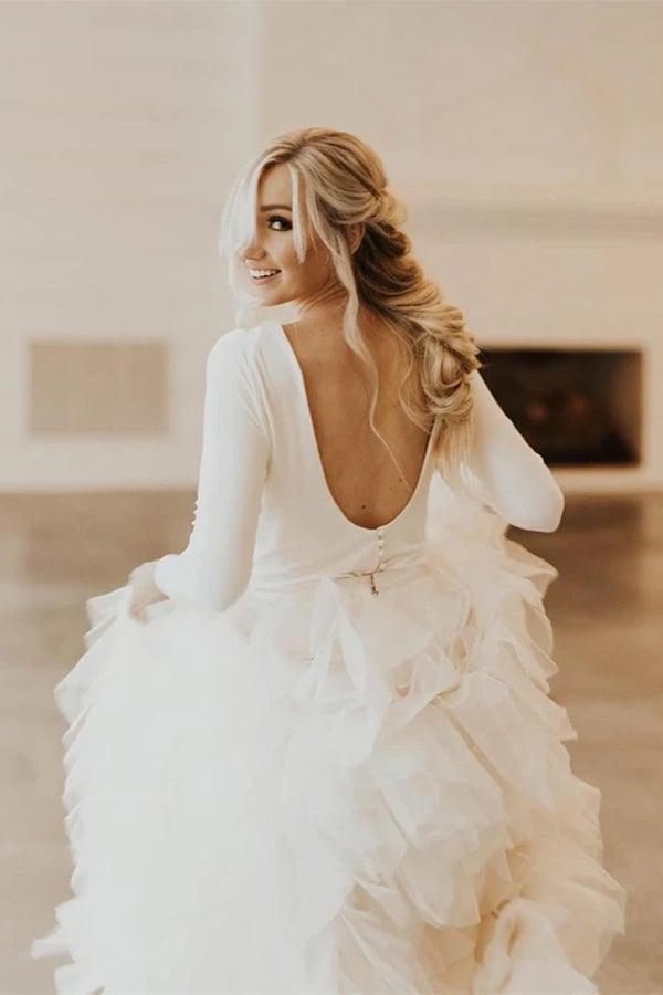 Vestido de novia de tul con escote redondo, cola de corte A y mangas largas